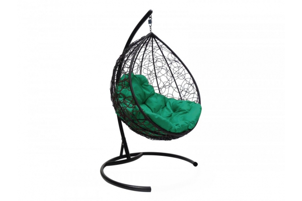 Подвесное кресло Кокон Капля ротанг каркас чёрный-подушка зелёная