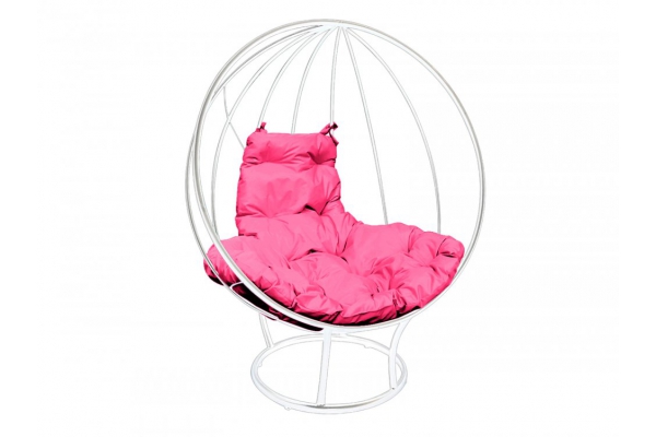 Кресло Кокон Круглый на подставке каркас белый-подушка розовая