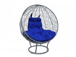 Кресло Кокон Круглый на подставке ротанг каркас серый-подушка синяя