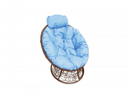 Кресло Папасан мини с ротангом каркас коричневый-подушка голубая
