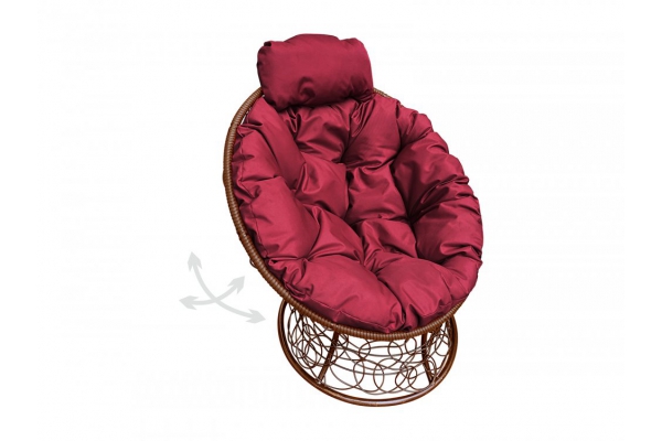 Кресло Папасан пружинка мини с ротангом каркас коричневый-подушка бордовая