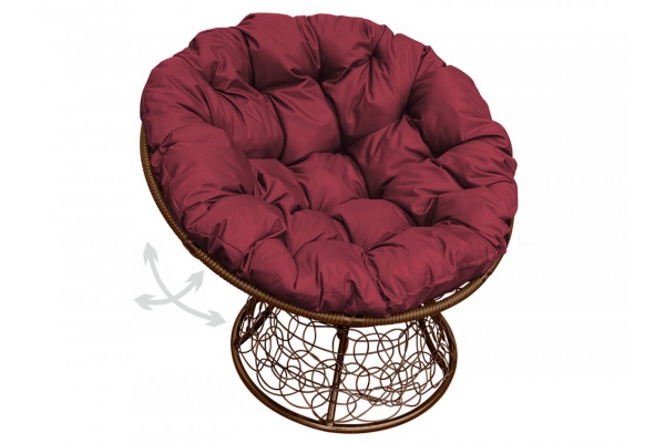 Кресло Папасан пружинка с ротангом каркас коричневый-подушка бордовая