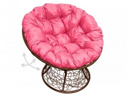 Кресло Папасан пружинка с ротангом каркас коричневый-подушка розовая