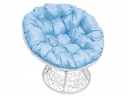 Кресло Папасан с ротангом каркас белый-подушка голубая