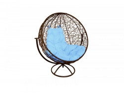 Кресло Кокон Круглый вращающийся ротанг каркас коричневый-подушка голубая